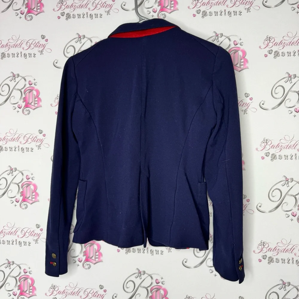 Zara woman Navy Blue jacket sweater Blazer buttons nautical red striped - Picture 2 of 6